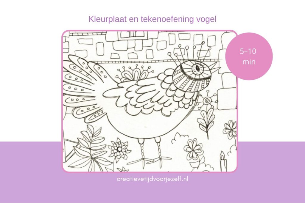 Kleurplaat en mini-tekenopdracht vogel (lijntekening met bloemen)