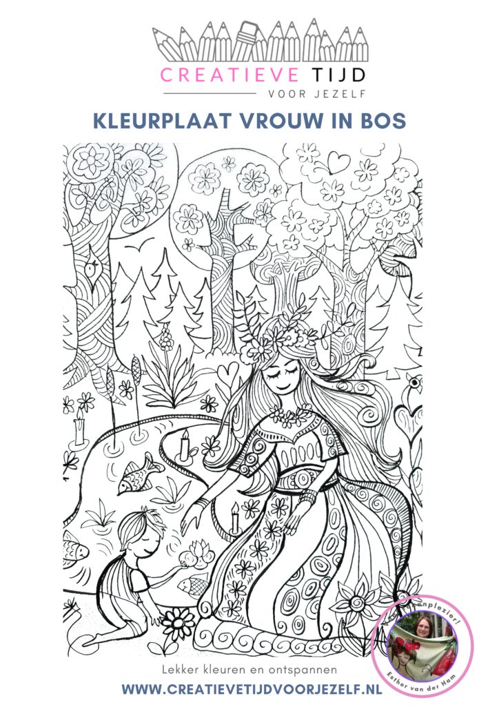 Kleurplaat vrouw in het bos